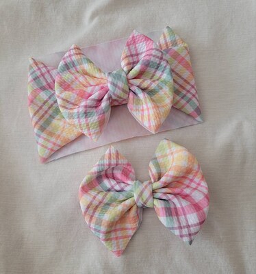 Pastel Check Plaid Knit Hair Bow - Headwrap - Clip - Pigtail Bows - Headband - Peach - Easter - Rainbow - Spring - Birthday - Purple - Mint - image3